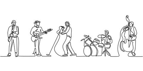 Group band music performance. Continuous one line drawing. Single hand drawn sketch minimalism. People with classical music instruments. Jazz and soul with singer.