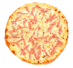 Pizza with pineapple, mozzarella and ham. A piece is cut off from pizza. View from above. White background. Isolated.
