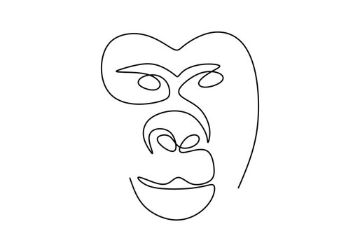 one line monkey drawing. Vector animal chimpanzee or gorilla face.