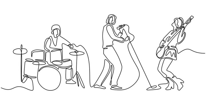 Music festival concert one line drawing. Continuous single hand drawn minimalism. Vector illustration of people group band including singer, guitarist, and drummer. Simplicity contour linear style.