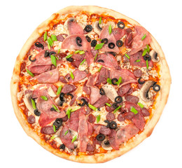 Pizza. With salami, ham, hunting sausages, mushrooms. mozzarella cheese, olives and green onions. View from above. White background. Isolated.