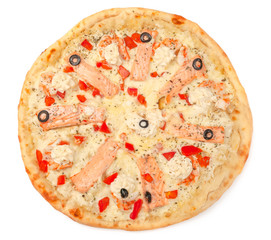 Pizza. With mozzarella cheese, salmon fillet, Tiger shrimp, tomato slices, olives, cream cheese. View from above. White background. Isolated.