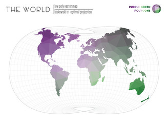 Low poly world map. Laskowski tri-optimal projection of the world. Purple Green colored polygons. Neat vector illustration.