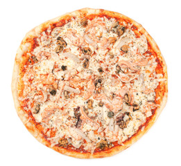 Seafood Pizza. Mozzarella, Tiger prawns, mussels and squid. View from above. White background. Isolated.