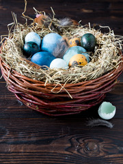 Fototapeta na wymiar Nest with Easter colored eggs on wooden table