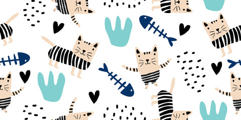 Cute cats colorful seamless pattern background. Scandinavian hand drawn funny animal pet with unique character. Good for baby and kids fashion, apparel, and textile print.