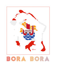 Bora Bora Logo. Map of Bora Bora with island name and flag. Captivating vector illustration.