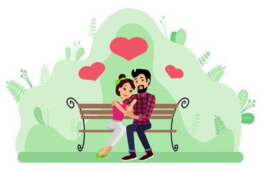 Couple sitting on wooden bench and hugging surrounded by pink hearts. Young people in love spending time outdoors together. Man and Woman dating vector