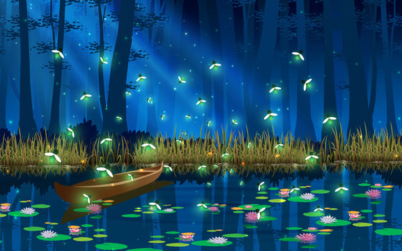 firefly and boat in the swamp in the full moon night