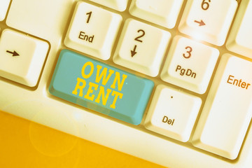 Conceptual hand writing showing Own Rent. Concept meaning tangible property is leased in exchange...