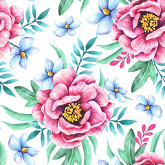 Seamless floral pattern. Fabric and packaging design. Handwork in watercolor. 