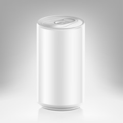 Realistic aluminum can mockup. Vector illustration on grey background. Can be used for beer, water, soda, energetic, etc. Easy to use for presentation your product, idea, design. EPS10.