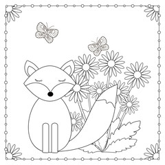 Coloring page with flowers, fox and butterflies.
