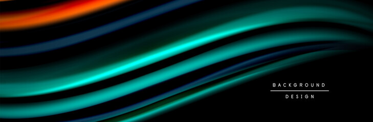Silk and smooth flow wave poster design. Color waves, liquid style lines and shapes in black color background