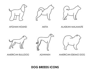 Set of dog breed or pet icons for website or mobile app. Dog icons. UI design elements - Simple vector line art illustration.
