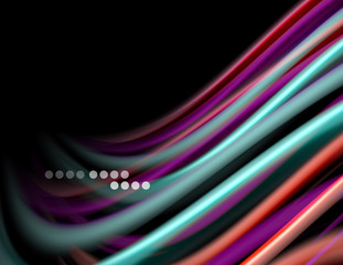 Silk smooth lines on black, liquid fluid color waves. Vector Illustration
