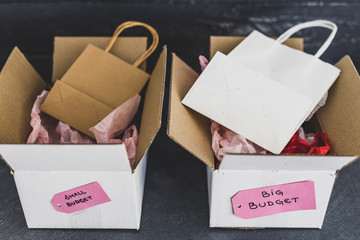 big vs small budget shopping bags with text on price tags with shopping bags on top