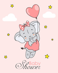 Baby girl shower card. Elephant flying with a balloon