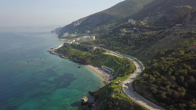 Aerial Drone Shot of Coastal Albania Seaside Road