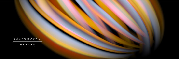 Сolorful flow poster. Wave liquid lines and shapes in black color background. Vector Illustration