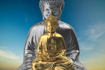 Several Buddha figures meditating under the blue sky
