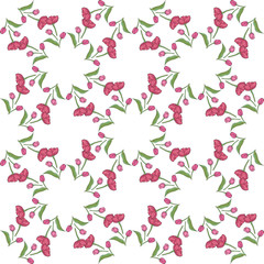 Seamless background with round frames of vertical pink tulips on white background. Endless floral background for your design.