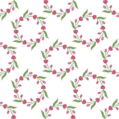Seamless background with round frames of horizontal pink tulips on white background. Endless floral background for your design.