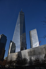 Manhattan (financial district) skyscrapers, New York, view on a sunny, blue day. 