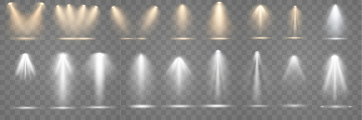  Set of spotlight shines on the stage, scene, podium. Bright lighting with spotlights. Spot lighting of the stage. Lens flash light effect from a lamp or spot.  - obrazy, fototapety, plakaty