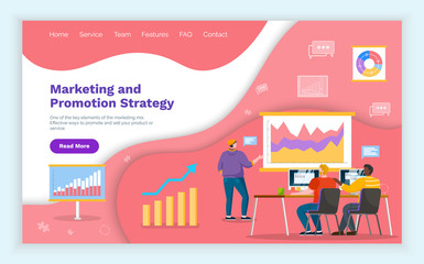 Marketing and promotion strategy template webpage. Man and woman teamwork communicating with computer and discussing growth graph report. Advertising website or landing page flat style vector