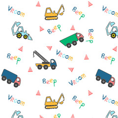 Seamless pattern with different cute toy cars.
