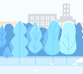 Snowy town or village with urban park. Trees covered by snow in lawn, wintertime landscape. Cityscape with buildings on background, beautiful scenery. Vector winter illustration in flat style