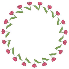 Round frame with vertical blooming pink tulips on white background. Isolated frame of flowers for your design.
