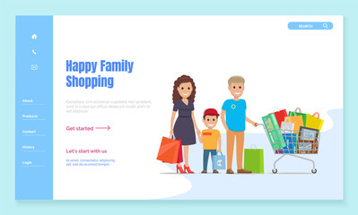 Family spending weekends on shopping. Father and mother with son holding bags standing by trolley with packages and purchases from many stores. Website or webpage template, landing page vector