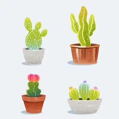 Stickers pour porte Cactus en pot Ensemble de quatre cactus en pot de fleurs. Plantes d& 39 intérieur. Illustration vectorielle