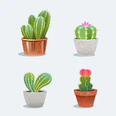 Foto auf Acrylglas Kaktus im Topf Satz von vier Kaktus im Blumentopf. Heimische Pflanzen. Vektorillustration