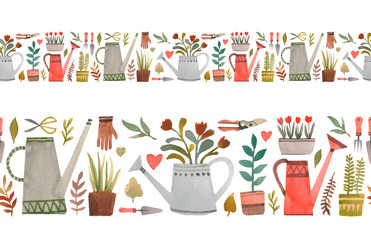 Seamless border, ribbon, gardener, gardening, watering can, potted flowers. Design for duct tape, adhesive tape, wallpaper, textile, dyeing. © Katya Lisich