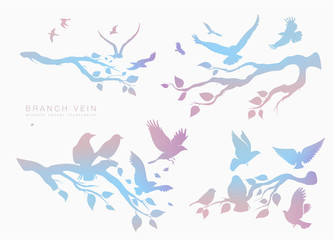 figure set multicolored flock of flying birds on tree branch