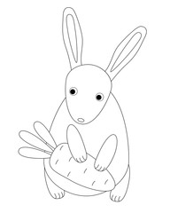Rabbit and carrots. A small, cute, children's bunny holds a carrot in its paws. Linear vector rabbit for coloring in Scandinavian style - vector template. Outline. Hand drawing.