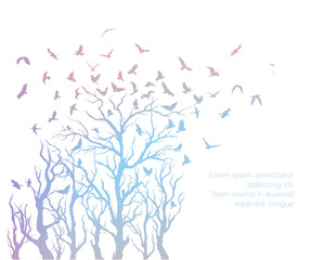 figure set multicolored flock of flying birds on tree branch