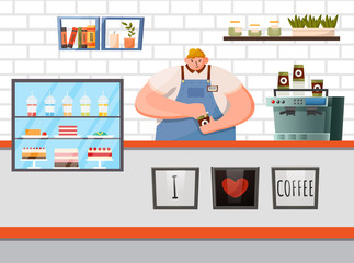 Coffeehouse interior, workplace of barista. Furniture for cafe like stance with coffee machine and pastry stand with cakes and muffins. Worker of cafe dressed in uniform, vector illustration in flat