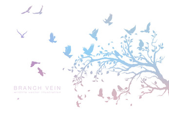 figure set multicolored flock of flying birds on tree branch