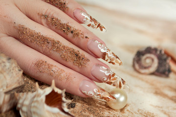 Aquarium nautical nail art design on long nails transparent with small shells inside and sequins on the outside.Creative manicure on long nails.