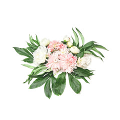 fresh flowers and peony buds are collected in a beautiful composition with leaves on a white background. top view, simple flat layout, square frame