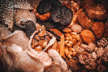 Dried mushrooms on black background.