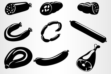 Vector black and white image of sausage, sausages, meat, etc. Set of nine meat products.