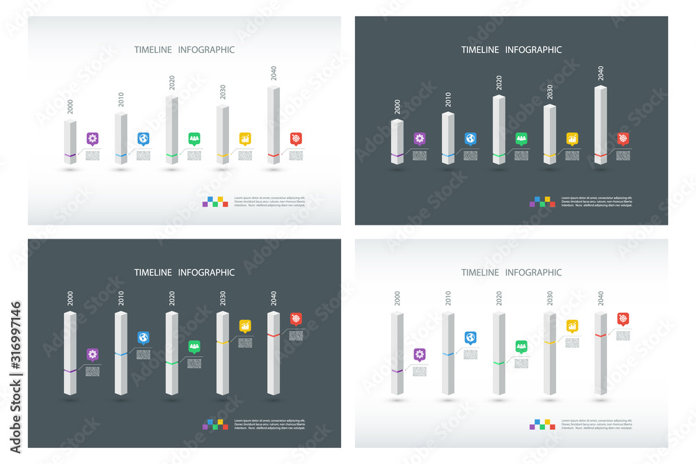 Poster Set of timeline infographic design templates. Isometric, 3D column chart collection. Box design infographic. Vector illustration for workflow layout, diagram, number options, web design.