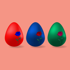 Color vector illustration Easter eggs of different colors cast a shadow. Red, blue, green.  Ornament in the form of a rose. On a coral background. Idea for a sticker, book, magazine.  Easter. Holiday 
