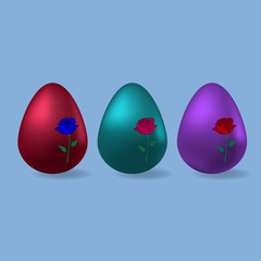 Color vector illustration Easter eggs of different colors cast a shadow. Scarlet, cyanide, purple.  Ornament in the form of a rose. On a light blue background. Idea for a sticker, book, magazine.  Eas