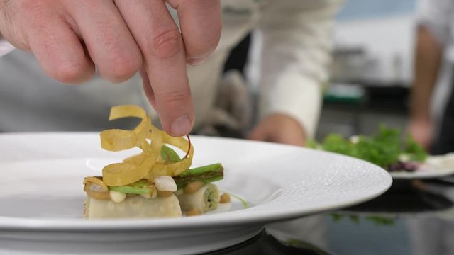 French chef plating a luxurious fine-dining dish slow motion close up shot.